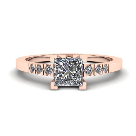 Anel de diamante lapidação princesa com 3 diamantes laterais pequenos ouro rosa, Ampliar imagem 1