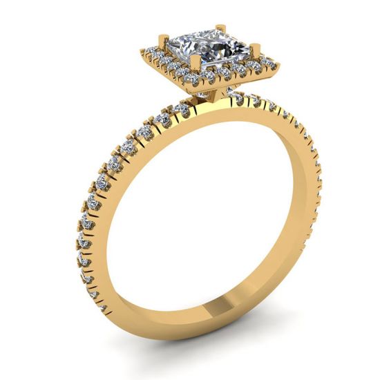 Anel de noivado com halo diamante flutuante corte princesa ouro amarelo,  Ampliar imagem 4