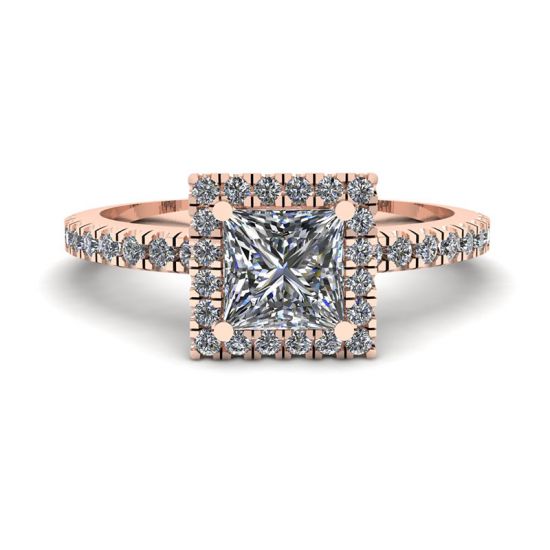 Anel de noivado com halo diamante flutuante corte princesa ouro rosa, Imagem 1