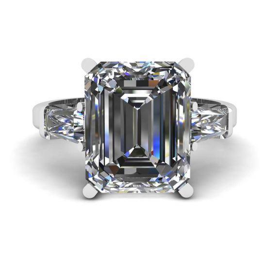 Anel de noivado com três pedras esmeralda e diamante baguete, Ampliar imagem 1