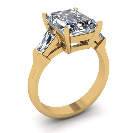 Anel de noivado com três pedras esmeralda e diamante baguete ouro amarelo,  Ampliar imagem 4