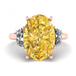 Diamante amarelo oval com diamantes brancos meia-lua lateral ouro rosa