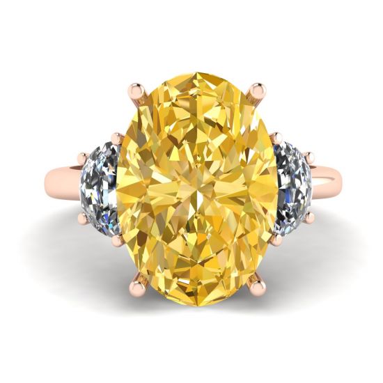 Diamante amarelo oval com diamantes brancos meia-lua lateral ouro rosa