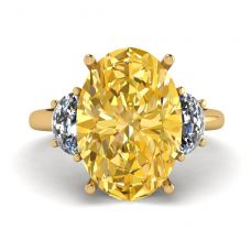 Diamante amarelo oval com anel de diamantes brancos meia-lua lateral ouro amarelo