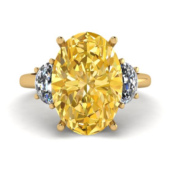 Diamante amarelo oval com anel de diamantes brancos meia-lua lateral ouro amarelo, Imagem 1