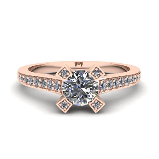 Anel de design com diamante redondo e ouro rosa pavê, Imagem 1
