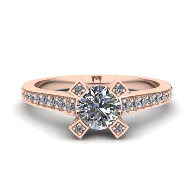 Anel de design com diamante redondo e ouro rosa pavê