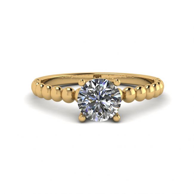 Solitário de diamante redondo em anel frisado em ouro amarelo