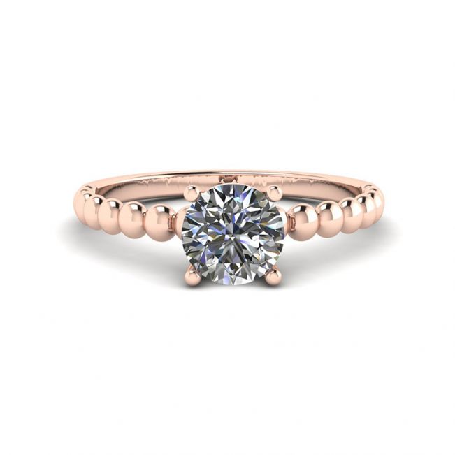 Solitário de diamante redondo em anel frisado em ouro rosa