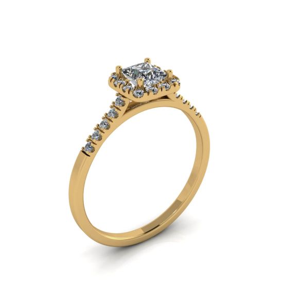 Halo Princess Cut Diamond Ring em ouro amarelo,  Ampliar imagem 3