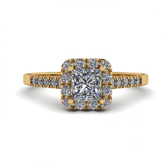 Halo Princess Cut Diamond Ring em ouro amarelo