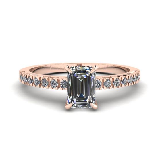 Anel de ouro rosa 18K com diamante lapidação esmeralda, Ampliar imagem 1
