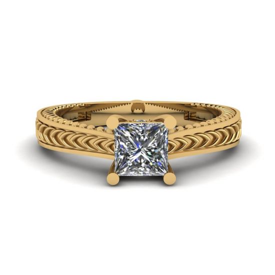 Anel de diamante estilo oriental corte princesa ouro amarelo 18 quilates, Ampliar imagem 1