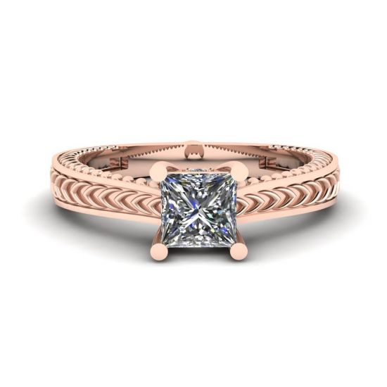 Anel de diamante estilo oriental corte princesa ouro rosa 18 quilates, Ampliar imagem 1