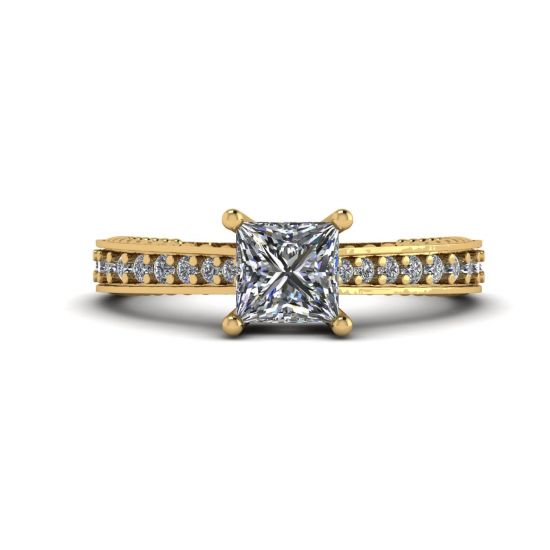 Anel de diamante princesa estilo oriental com pavê em ouro amarelo 18K, Ampliar imagem 1