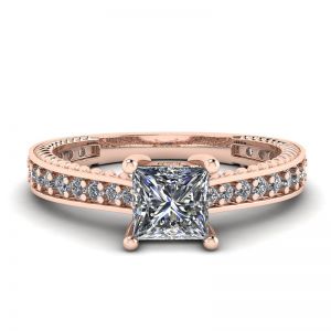 Anel de diamante princesa estilo oriental com pavê em ouro rosa 18K
