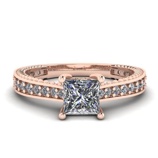 Anel de diamante princesa estilo oriental com pavê em ouro rosa 18K, Ampliar imagem 1