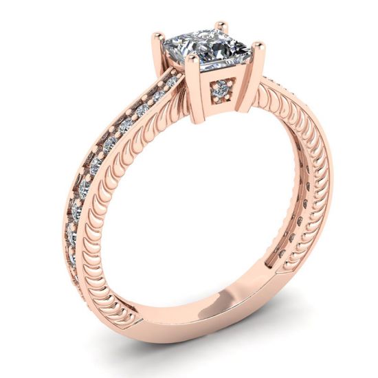 Anel de diamante princesa estilo oriental com pavê em ouro rosa 18K,  Ampliar imagem 4