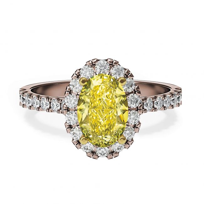 Anel de diamante amarelo oval de 1,13 quilates com halo de ouro rosa