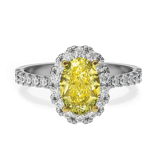 Anel de diamante amarelo oval de 1,13 quilates com halo de diamante