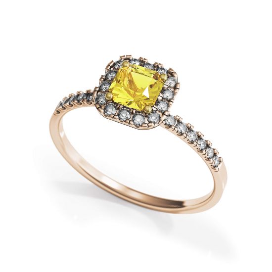 Almofada anel de diamante amarelo de 0,5 quilates com halo de ouro rosa,  Ampliar imagem 4