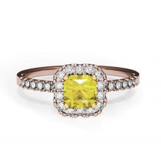 Almofada anel de diamante amarelo de 0,5 quilates com halo de ouro rosa