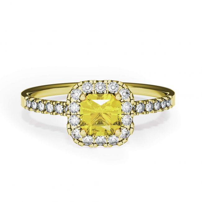 Almofada anel de diamante amarelo de 0,5 quilates com halo de ouro amarelo