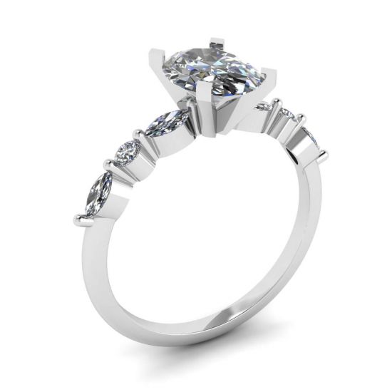 Marquise de diamante oval e anel de pedras redondas ouro branco,  Ampliar imagem 4