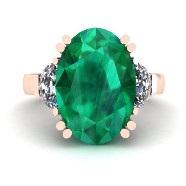 Anel de esmeralda oval com meia-lua e diamantes em ouro rosa