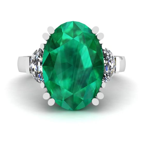 Anel de diamantes de esmeralda oval com lado meia-lua