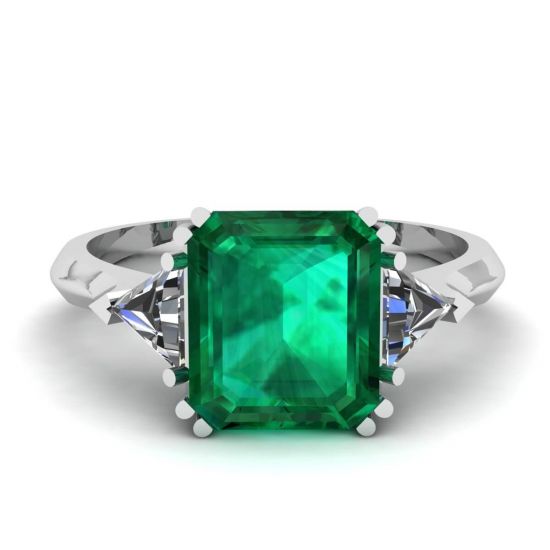 Anel de diamantes de esmeralda de 3,31 quilates e trilhões laterais, Ampliar imagem 1