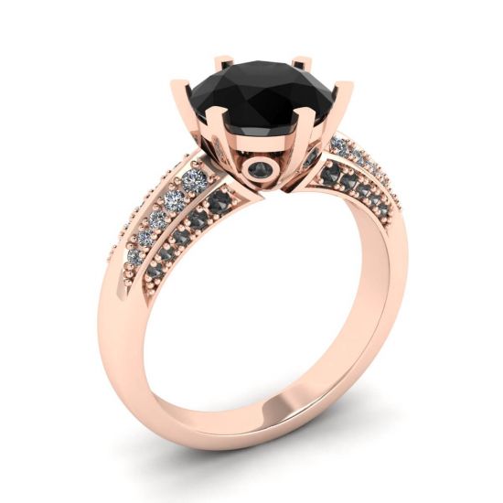 Diamante preto de 6 pinos com anel Pave de duas cores ouro rosa,  Ampliar imagem 4