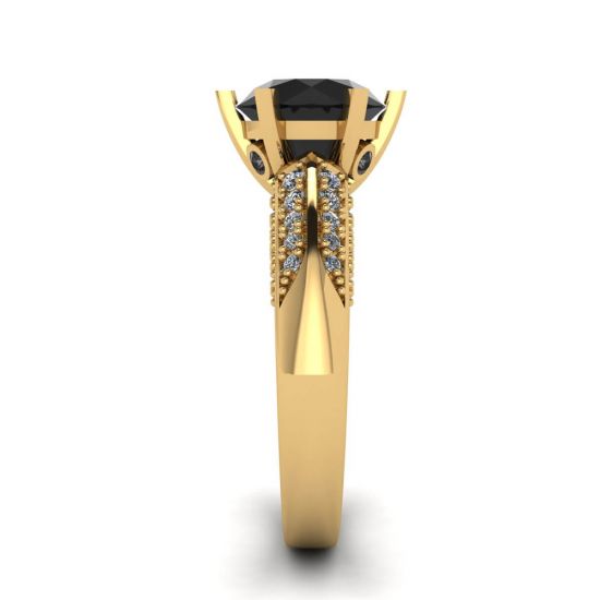 Diamante negro de 6 pinos com anel de pavê de duas cores ouro amarelo,  Ampliar imagem 3