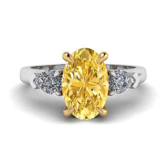 Anel de diamante amarelo oval com pera lateral e diamantes brancos, Ampliar imagem 1