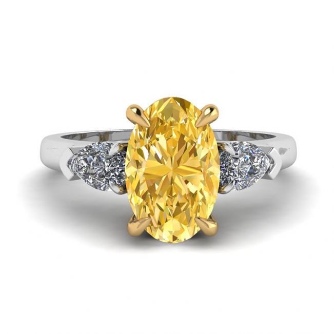 Anel de diamante amarelo oval com pera lateral e diamantes brancos