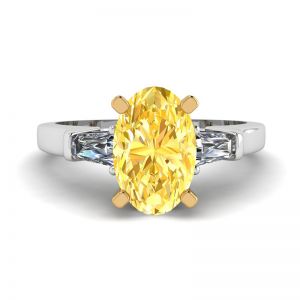 Anel de diamante amarelo oval com lado branco baguetes