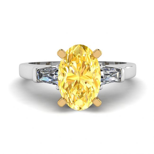 Anel de diamante amarelo oval com lado branco baguetes