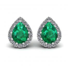 Brincos de esmeralda em forma de pêra com halo de diamante