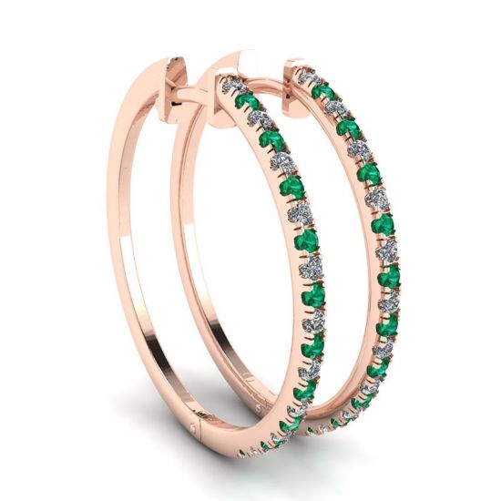 Brincos de argola de diamante e esmeralda ouro rosa, Imagem 1