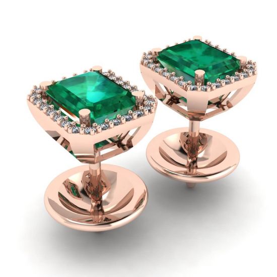 Brincos Esmeralda de 2 quilates com Halo de Diamante Ouro Rosa,  Ampliar imagem 3