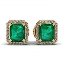 Brincos de esmeralda de 2 quilates com halo de diamante em ouro amarelo